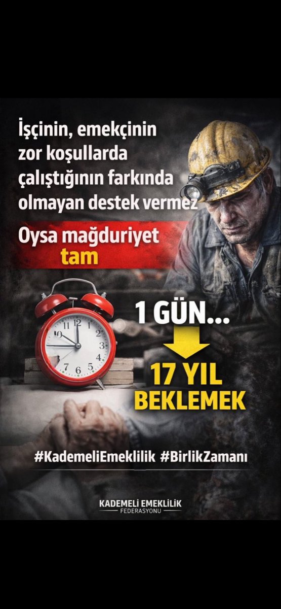 Bir gün farkla başlayan sigorta, 17-20 yıl geç emeklilik anlamına gelmemeli.
Adalet için kademeli emeklilik düzenlemesi şart.
<a href="/KademeFed/">Kademeli Emeklilik Federasyonu</a> <a href="/EmekDerResmi/">EMEK-DER</a> <a href="/ETTDER1999/">🧭 EMEKLİLİKTE TARİHE TAKILANLAR DERNEĞİ</a>
#MilyonlarKademeDiyor