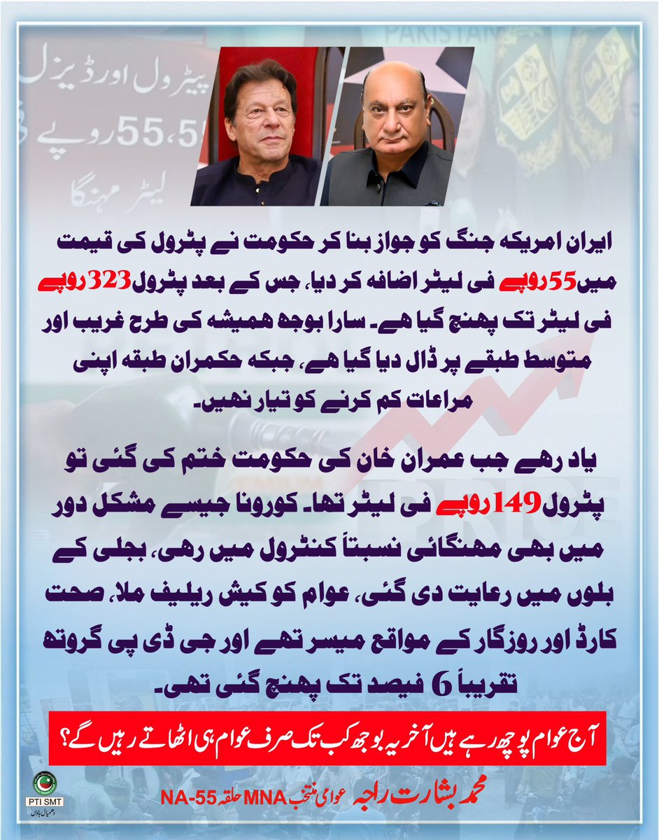 RajaBasharatLAW's tweet photo. ایران امریکہ جنگ کو جواز بنا کر حکومت نے #پٹرول کی قیمت میں 55 روپے فی لیٹر اضافہ کر دیا، جس کے بعد پٹرول 323 روپے فی لیٹر تک پہنچ گیا ہے۔

سارا بوجھ ہمیشہ کی طرح غریب اور متوسط طبقے پر ڈال دیا گیا ہے، جبکہ حکمران طبقہ اپنی مراعات کم کرنے کو تیار نہیں۔

یاد رہے جب عمران خان کی حکومت ختم کی گئی تو پٹرول 149 روپے فی لیٹر تھا۔ کورونا جیسے مشکل دور میں بھی مہنگائی نسبتاً کنٹرول میں رہی، بجلی کے بلوں میں رعایت دی گئی، عوام کو کیش ریلیف ملا، صحت کارڈ اور روزگار کے مواقع میسر تھے اور جی ڈی پی گروتھ تقریباً 6 فیصد تک پہنچ گئی تھی۔

آج عوام پوچھ رہے ہیں آخر یہ بوجھ کب تک صرف عوام ہی اٹھاتے رہیں گے؟
 #PetrolDieselPrice