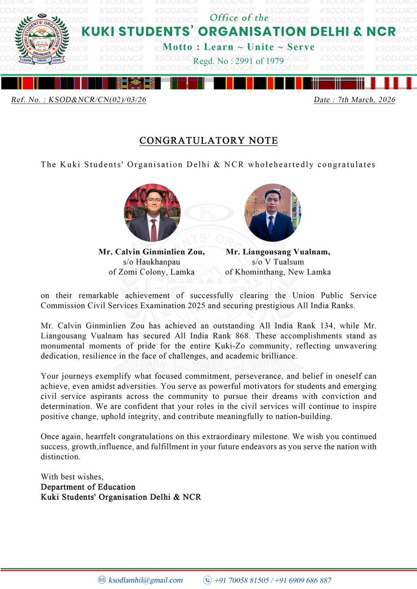 The 𝐊SO 𝐃𝐞𝐥𝐡𝐢 &amp; 𝐍𝐂𝐑 congratulates C𝐚𝐥𝐯𝐢𝐧 𝐆𝐢𝐧𝐦𝐢𝐧𝐥𝐢𝐞𝐧 𝐙𝐨𝐮 (AIR 134) and 𝐌𝐫. 𝐋𝐢𝐚𝐧𝐠𝐨𝐮𝐬𝐚𝐧𝐠 𝐕𝐮𝐚𝐥𝐧𝐚𝐦 (AIR 868). Their success reflects unwavering dedication, resilience in the face of challenges, and academic brilliance <a href="/MIB_India/">Ministry of Information and Broadcasting</a> <a href="/HMOIndia/">गृहमंत्री कार्यालय, HMO India</a>