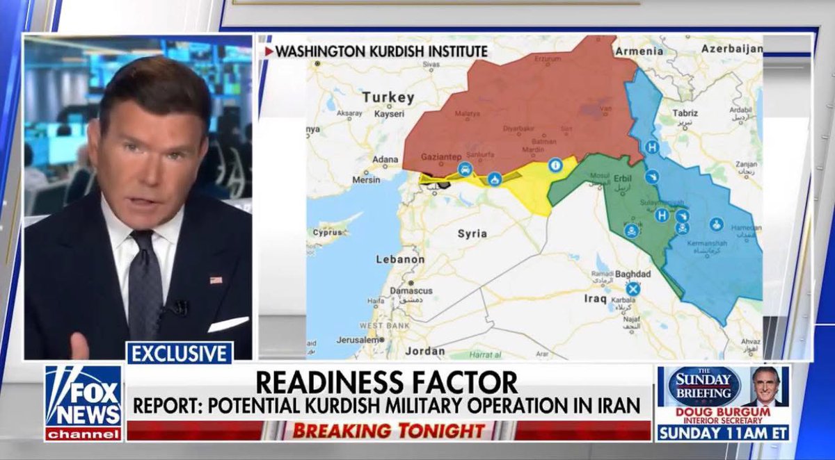 Ukrainene's tweet image. For the first time, the world-famous American channel Fox News displayed a map of “Greater Kurdistan,” that borders extend to the Mediterranean Sea, including Kirkuk and Afrin. The presenter stated that there are 30 million Kurds in Turkey alone.