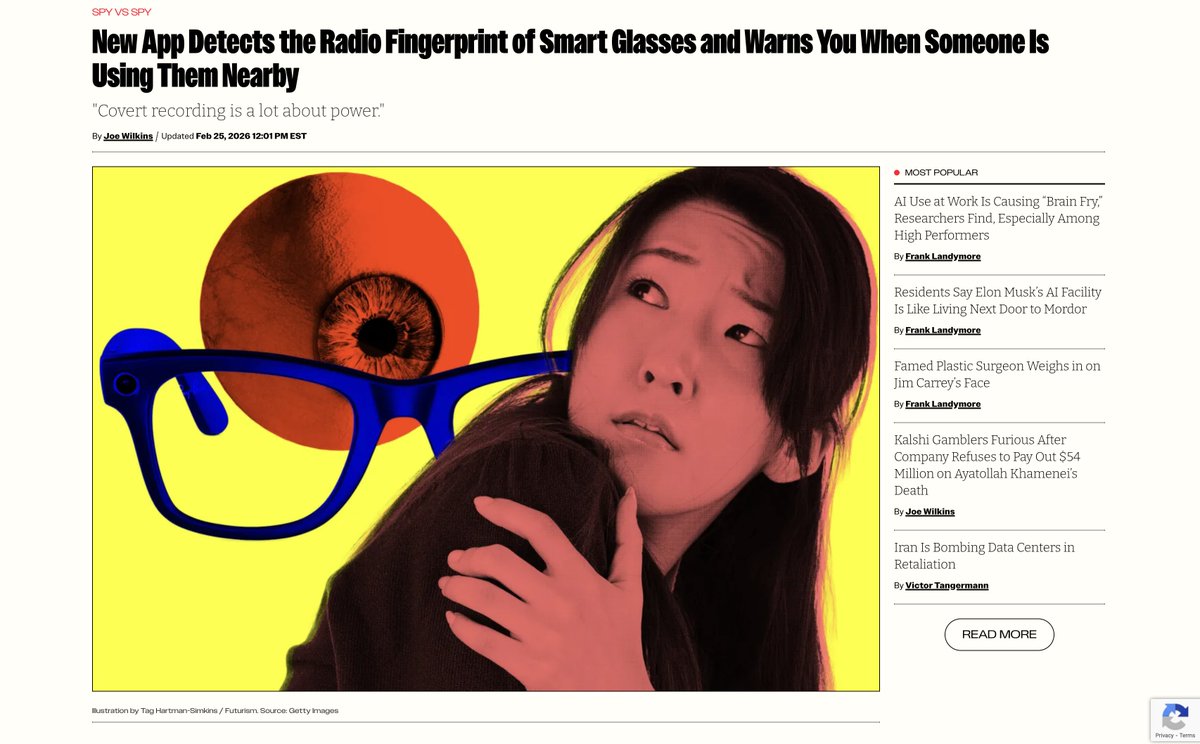 A professor built an app in 12 hours that Meta's billion dollar team never wanted to exist.

It detects their Ray-Ban glasses nearby using Bluetooth.
Your phone vibrates: "Smart Glasses are probably nearby."

Meta's own internal memo said they'd launch facial recognition on the