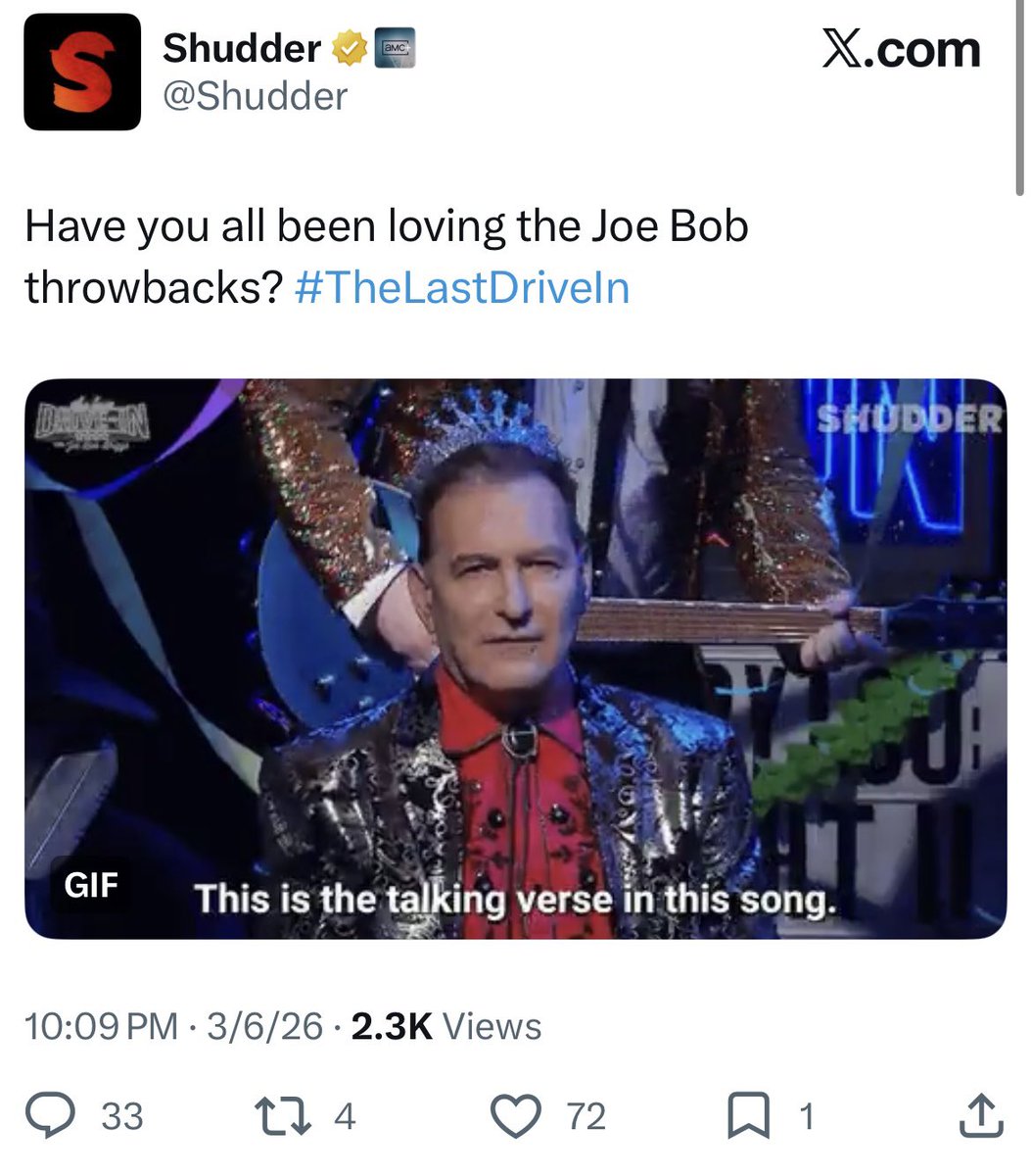 70shorrorkid's tweet photo. Imagine posting this all evening after the feedback. No direct engagement with the fans, no fan support. No care. It was an abrupt cancellation. The show deserved more, the mutants deserved better. Joe Bob Forever? Absolutely but no thanks to @Shudder #MutantFam #TheLastDriveIn https://t.co/CoZ9mdNwGx