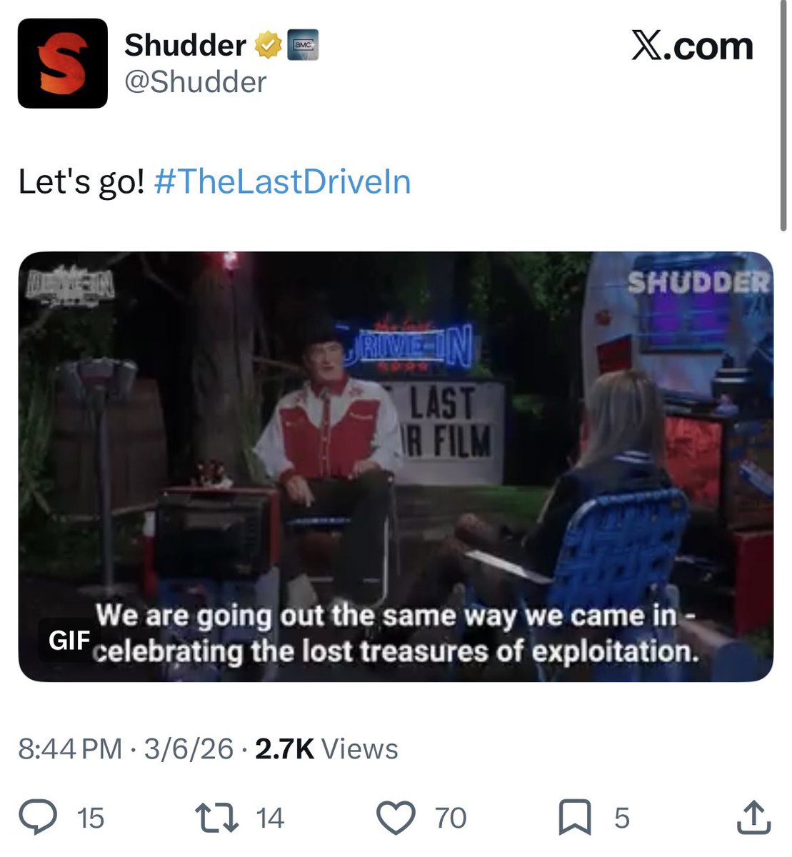 70shorrorkid's tweet photo. Imagine posting this all evening after the feedback. No direct engagement with the fans, no fan support. No care. It was an abrupt cancellation. The show deserved more, the mutants deserved better. Joe Bob Forever? Absolutely but no thanks to @Shudder #MutantFam #TheLastDriveIn https://t.co/CoZ9mdNwGx