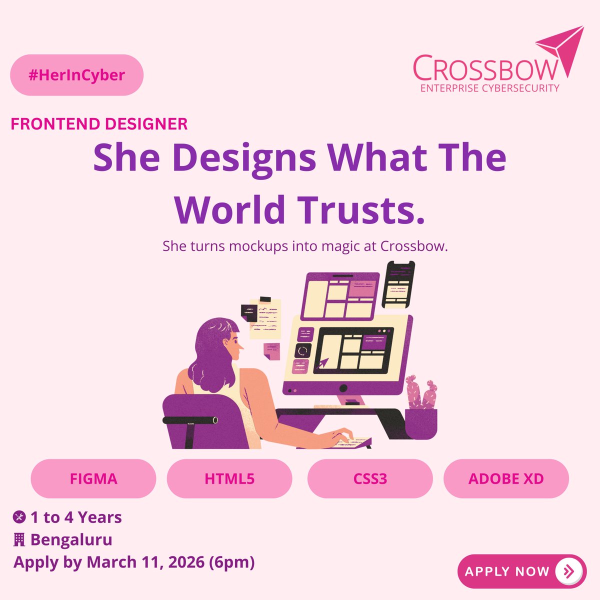 crossbowsec's tweet photo. She designs what the world trusts.
Crossbow is hiring Frontend Designers with 1-4 yrs experience in Figma, HTML5, CSS3 &amp; Adobe XD.

📍 Bengaluru
🏢 On-site / In-Office | 5 days a week
Apply before Mar 11, 2026 | 6 PM
https://t.co/ajIc7M4VJM
#HerInCyber #WomenInTech #FrontendJobs https://t.co/G1xrayn7Du
