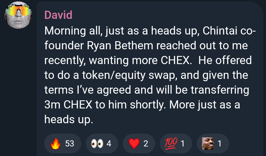 One of the most bullish signals for #Chintai $CHEX is currently being buried in Telegram chatter, and most are completely misreading it.

CEO David Packham recently shared that co-founder Ryan Bethem is swapping a portion of his company equity for 3 million $CHEX tokens.

The