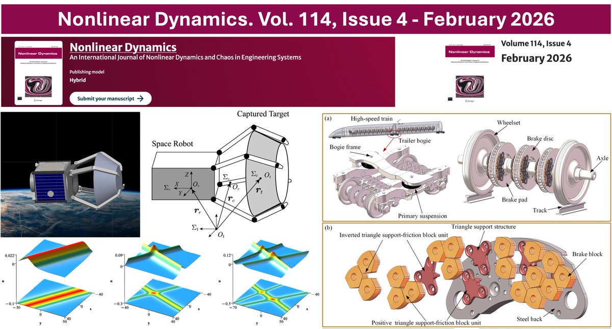 walterlacarbona's tweet photo. 📢 New Issue of Nonlinear Dynamics.
The second February issue of Nonlinear Dynamics (Volume 114, Issue 4) was completed by the end of February and includes 85 articles spanning key areas of nonlinear dynamics research.
🔗 https://t.co/UhIV60bB9d

The issue covers topics such as:
• nonlinear vibrations and structural dynamics
• bifurcations, chaos, and complex dynamical systems
• data-driven and AI-assisted modeling
• synchronization and dynamics of complex networks
• fluid–structure interaction and multiphysics systems
• nonlinear phenomena in engineering applications

At the same time, the first March issue (Volume 114, Issue 5) is already being compiled, with 35 articles published so far.
🔗 https://t.co/vFaITqngBf

Kudos to the authors, reviewers, and editorial board for their continuous efforts in advancing the field of nonlinear dynamics.
#NonlinearDynamics #NonlinearScience #AppliedMathematics #Engineering #DynamicalSystems
@SpringerEng