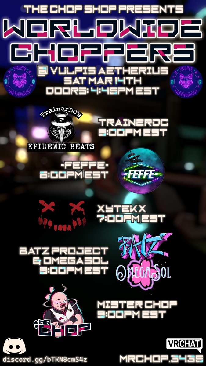 GET READY TO TAKE IT ALL OVER THE WORLD!

Join the Chop Shop at Vulpis Aetherius once again as we bring the roof down with awesome mixes from around the world!
#VRChat #VRC #virtualreality #ChopShop