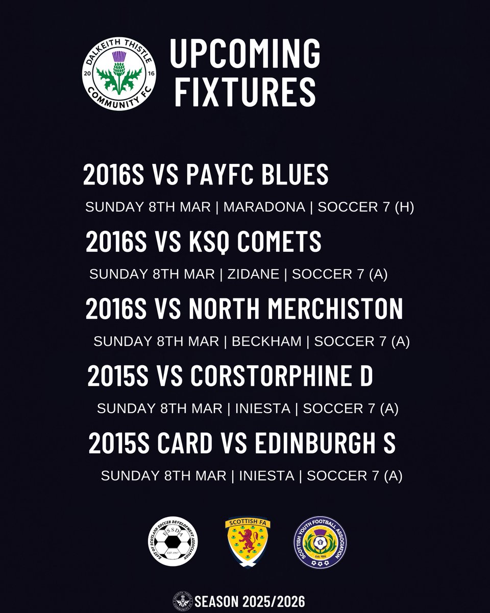 DalkeithCFC's tweet photo. ⚫️⚪️ Good luck to all our Dalkeith Thistle teams in action this Sunday in their second game of the season in the East of Scotland Soccer Development Association.

Wishing all the players a great day of football as the season continues.

#DalkeithThistle https://t.co/VQkkuij2dC