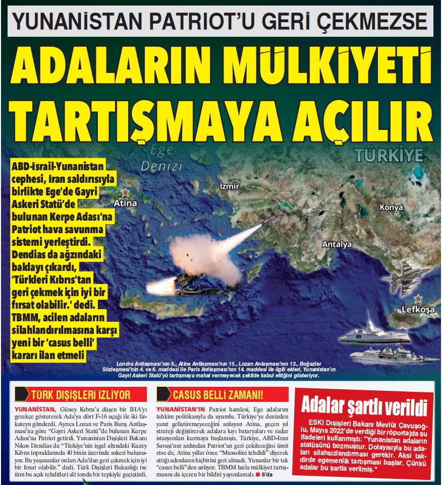 Oniki Ada, silahlandırılmaması şartıyla Yunanistan'a bırakıldı. Eğer Yunanistan Kerpe Adası'na yerleştirdiği Patriot'u çekmezse, bu adaların mülkiyeti tartışmaya açılmalıdır!