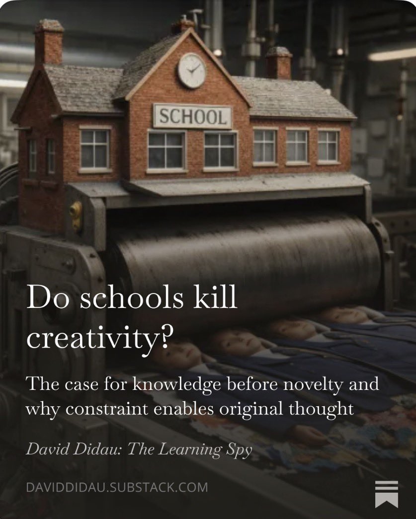 Do schools kill creativity?”
It’s a seductive story. But creativity isn’t a free-floating spark waiting to be protected from schooling. It grows from knowledge, constraint, revision and judgement.
Far from killing creativity, schools breathe life into it. 
Link below ⬇️