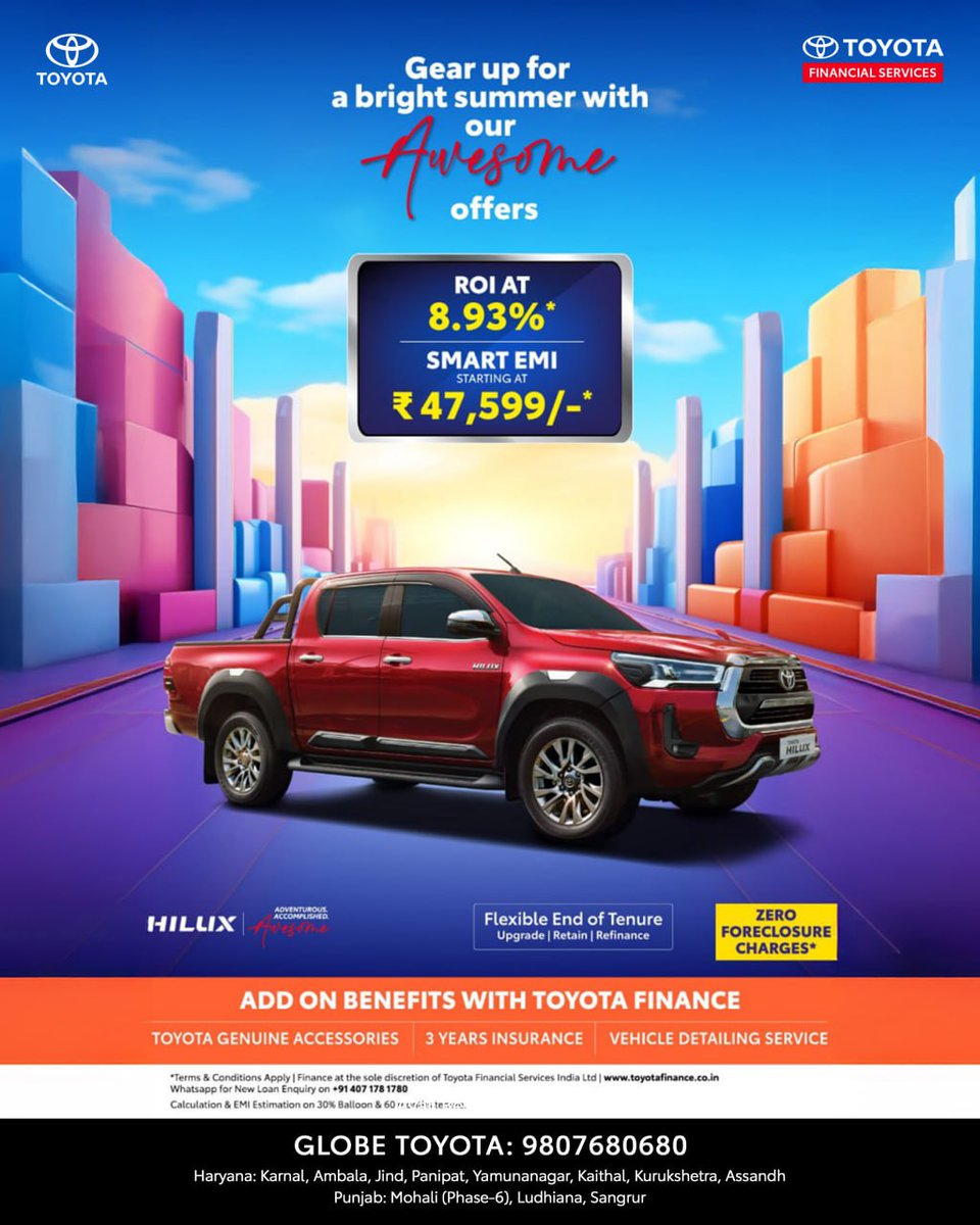 Drive into the season with exciting offers from Toyota.

Attractive interest rates, smart EMI options, and added benefits designed to make your journey smoother.

Visit your nearest Globe Toyota.

Globe Toyota: 9807680680

#ToyotaCarOffers #ToyotaFinancialServices