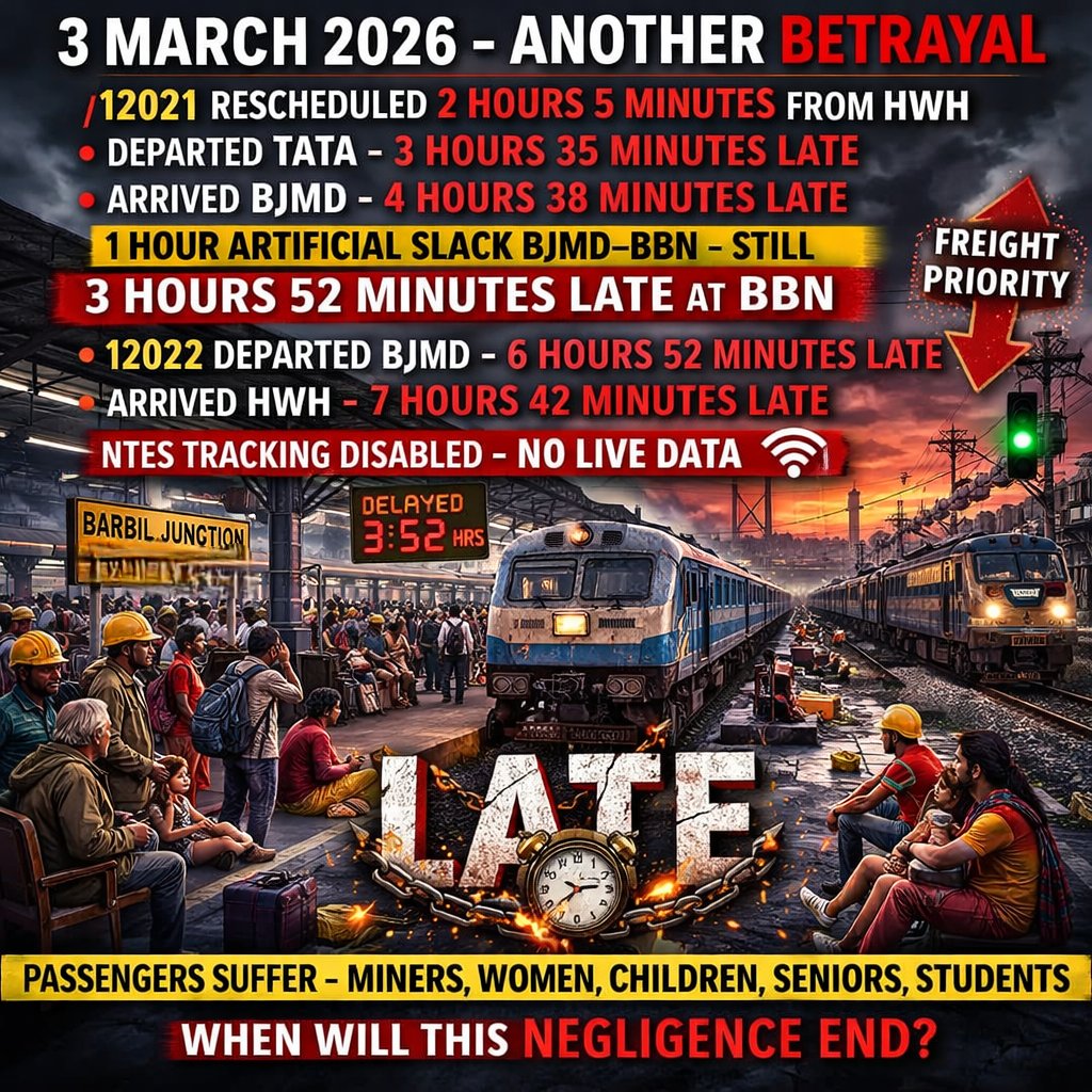 sky_railinfobbn's tweet photo. 3 March 2026 – C.K.P Division’s Masterclass in “Almost On Time” Magic

3rd March, episode of Late Division C.K.P theater:

12021 Howrah-Barbil Jan Shatabdi Express:  
- Rescheduled from source HWH by 2 hours 5 minutes  
- Departed Tata with 3 hours 35 minutes total delay 
- Arrived Barajamda (BJMD) with 4 hours 38 minutes total delay  
- Then — despite the generous 1-hour artificial slack inserted between BJMD and Barbil (BBN) — still arrived Barbil with 3 hours 52 minutes total delay

Bravo! The slack trick saved... absolutely nothing. The train still arrived massively late, proving once again that padding schedules is not the same as running on time.

And the return leg 12022?  
- RTIS data sharing with NTES was completely disabled — not a single live tracking update available on NTES for the entire journey on 3 March  
- Arrived Howrah (HWH) with a total delay of 7 hours 42 minutes  

Zero transparency. Zero accountability. Just another day of passengers left in the dark while officials play hide-and-seek with data.

This is not coincidence.  
This is design:  
- Freight rakes continue to get green corridors  
- Passenger trains get looped, detained, and padded with fake slack  
- RTIS/NTES deliberately switched off to hide the extent of failure  
- Punctuality stats cooked (recent: ~27% & ~2%), 138 days “non-reported”, manual ICMS tampering allowed  

Badbil, Noamundi, Chaibasa — the mining heartland supplying 55–65% of India’s iron ore — pays premium fares, taxes, and blood/sweat.  
In return: 3–8 hour delays, disabled tracking, short terminations without notice, and silence from officials.

@AshwiniVaishnaw @RailMinIndia @GMSERAILWAY @serailwaykol @kgprail @CKP_Division @PMOIndia   

Your “concerned authority notified” replies are meaningless after 4 years of ignored grievances.  
RTIS disabled? No live tracking? No prior notice for short terminations?  
This is not service — this is sabotage.

Journalists & truth-seekers — expose this deliberate blackout:  
@the_hindu @IndianExpress @ndtv @IndiaToday @scroll_in @newslaundry @sardesairajdeep @sagarikaghose @swatidTOI @svaradarajan @AmalKMathew2000 @RailAnalysis @AnjaliB_ @railhunt  @SulataDeoMP

We demand:  
- Mandatory real-time RTIS/NTES tracking — no more disabling data  
- End to artificial slack tricks for fake punctuality  
- Strict passenger priority over freight — both directions  
- Immediate alternative transport for short terminations  
- Full accountability for every disabled tracking day and delayed journey  

Badbil is not waiting for excuses.  
Badbil demands justice — and transparency.

#LateDivisionCKP #LateZoneSER #BadbilDemandsJustice #PassengerRights #FreightOverPassengers