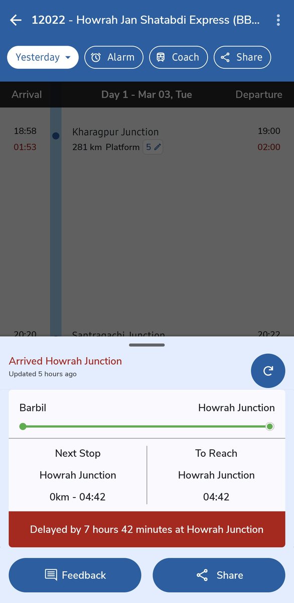 sky_railinfobbn's tweet photo. 3 March 2026 – C.K.P Division’s Masterclass in “Almost On Time” Magic

3rd March, episode of Late Division C.K.P theater:

12021 Howrah-Barbil Jan Shatabdi Express:  
- Rescheduled from source HWH by 2 hours 5 minutes  
- Departed Tata with 3 hours 35 minutes total delay 
- Arrived Barajamda (BJMD) with 4 hours 38 minutes total delay  
- Then — despite the generous 1-hour artificial slack inserted between BJMD and Barbil (BBN) — still arrived Barbil with 3 hours 52 minutes total delay

Bravo! The slack trick saved... absolutely nothing. The train still arrived massively late, proving once again that padding schedules is not the same as running on time.

And the return leg 12022?  
- RTIS data sharing with NTES was completely disabled — not a single live tracking update available on NTES for the entire journey on 3 March  
- Arrived Howrah (HWH) with a total delay of 7 hours 42 minutes  

Zero transparency. Zero accountability. Just another day of passengers left in the dark while officials play hide-and-seek with data.

This is not coincidence.  
This is design:  
- Freight rakes continue to get green corridors  
- Passenger trains get looped, detained, and padded with fake slack  
- RTIS/NTES deliberately switched off to hide the extent of failure  
- Punctuality stats cooked (recent: ~27% & ~2%), 138 days “non-reported”, manual ICMS tampering allowed  

Badbil, Noamundi, Chaibasa — the mining heartland supplying 55–65% of India’s iron ore — pays premium fares, taxes, and blood/sweat.  
In return: 3–8 hour delays, disabled tracking, short terminations without notice, and silence from officials.

@AshwiniVaishnaw @RailMinIndia @GMSERAILWAY @serailwaykol @kgprail @CKP_Division @PMOIndia   

Your “concerned authority notified” replies are meaningless after 4 years of ignored grievances.  
RTIS disabled? No live tracking? No prior notice for short terminations?  
This is not service — this is sabotage.

Journalists & truth-seekers — expose this deliberate blackout:  
@the_hindu @IndianExpress @ndtv @IndiaToday @scroll_in @newslaundry @sardesairajdeep @sagarikaghose @swatidTOI @svaradarajan @AmalKMathew2000 @RailAnalysis @AnjaliB_ @railhunt  @SulataDeoMP

We demand:  
- Mandatory real-time RTIS/NTES tracking — no more disabling data  
- End to artificial slack tricks for fake punctuality  
- Strict passenger priority over freight — both directions  
- Immediate alternative transport for short terminations  
- Full accountability for every disabled tracking day and delayed journey  

Badbil is not waiting for excuses.  
Badbil demands justice — and transparency.

#LateDivisionCKP #LateZoneSER #BadbilDemandsJustice #PassengerRights #FreightOverPassengers