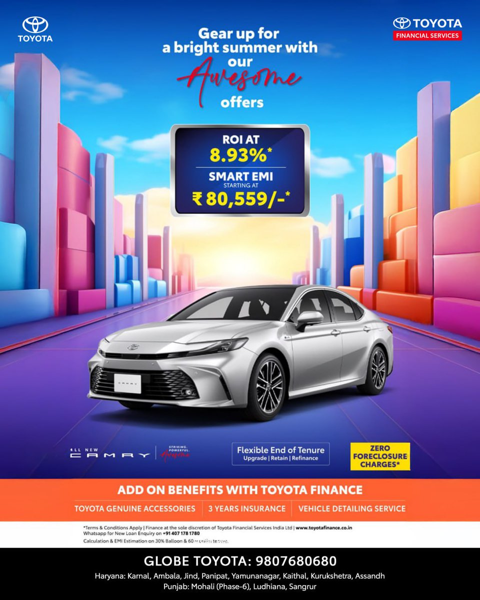 Drive into the season with exciting offers from Toyota.

Attractive interest rates, smart EMI options, and added benefits designed to make your journey smoother.

Visit your nearest Globe Toyota.

Globe Toyota: 9807680680

#ToyotaCarOffers #ToyotaFinancialServices