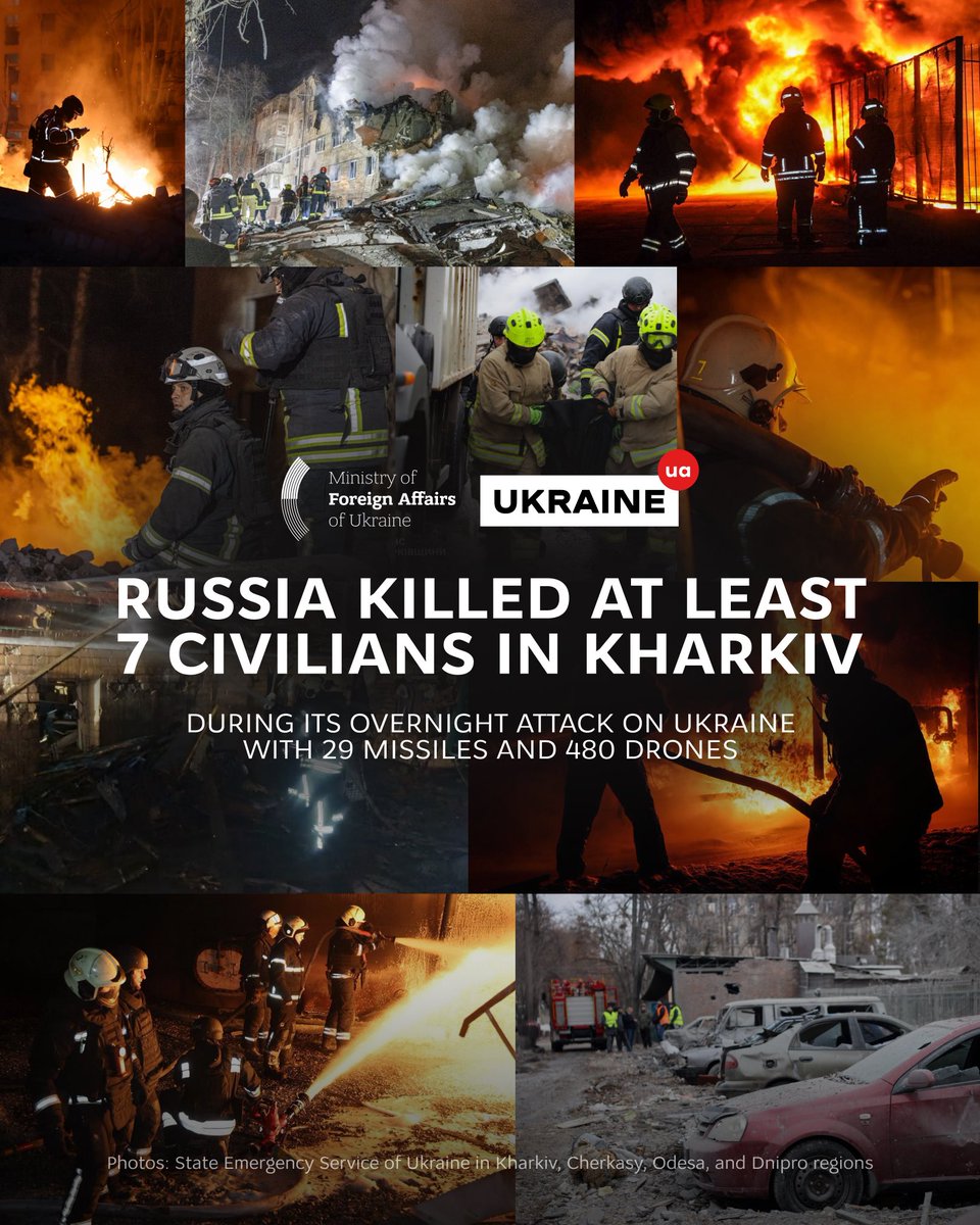 MFA_Ukraine's tweet photo. Overnight, Russia attacked Ukraine with 29 missiles – nearly half of them ballistic – and 480 drones, most of them Shahed-type.

In Kharkiv, Russian ballistic missile destroyed an entire entrance section. At least seven people were killed, and over ten others were injured, including children. People may still be trapped beneath the debris.

Russia targeted energy infrastructure in Kyiv and in the Khmelnytskyi and Chernivtsi regions, as well as railway infrastructure in the Zhytomyr region. Damage has also been reported in the Dnipro, Zaporizhzhia, Vinnytsia, Odesa, Poltava, Sumy, and Cherkasy regions.

These brutal attacks demand a strong response from partners. The PURL program must continue to operate actively, and we count on strong cooperation with the EU to ensure greater protection for Ukrainians.
