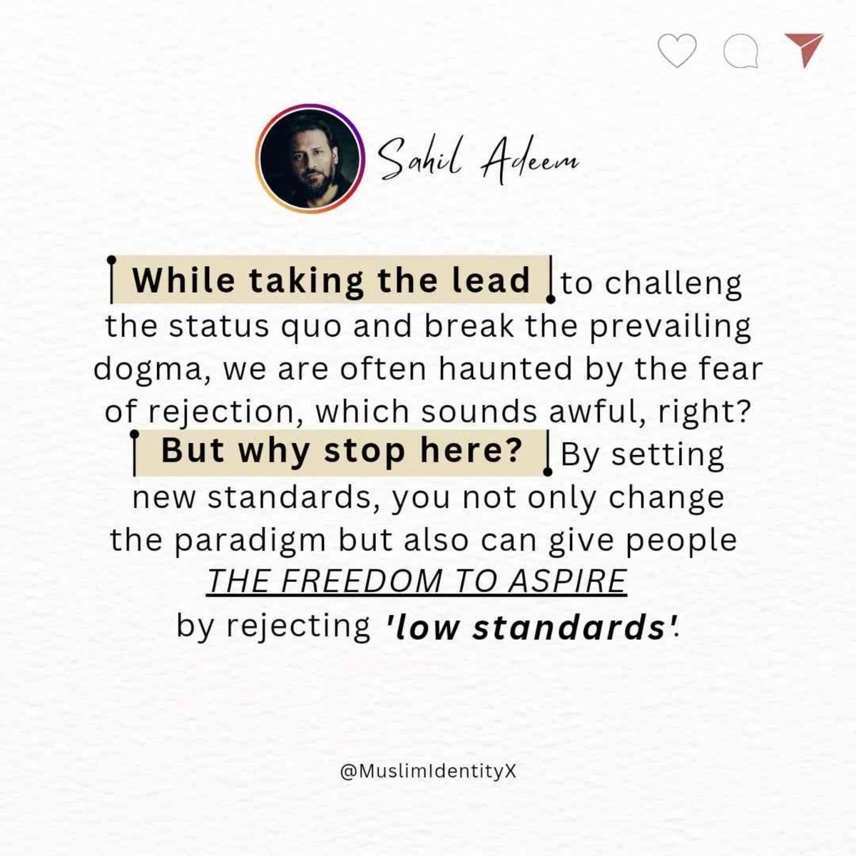 MuslimIdentityX's tweet photo. The road to setting high standards is not easy as you have to highly introspect before you extrospect, as you become more self-critical. You judge by what Allah has revealed. You revolutize the society even if it means inviting harms upon your existence.

Sahil Adeem is Banned https://t.co/3pC5vNxgXv