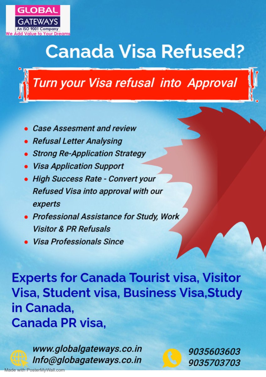 global_gateways's tweet photo. We assist with Canada Visa Refusal cases in all categories, including:
 ✔ Work Visa Refusal
 ✔ PR Visa Refusal
 ✔ Visitor Visa Refusal
 ✔ Tourist Visa Refusal
 ✔ Student Visa Refusal
 ✔ Business Visa Refusal 📞 Contact us
 📱+91 9035603603 | +91 9035703703 https://t.co/RDlUIxnL3q