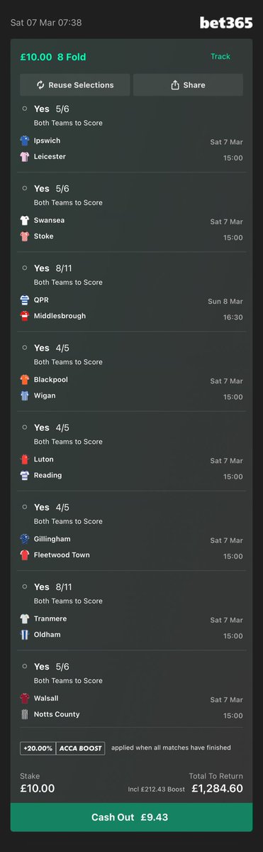 TenQuidCoupons's tweet photo. £10 BTTS #EFL #BPL #BTTS #Acca #Football #Bet Add To Your Bet Slip - https://t.co/7SYFwMMs3L https://t.co/GwenPCX0GE