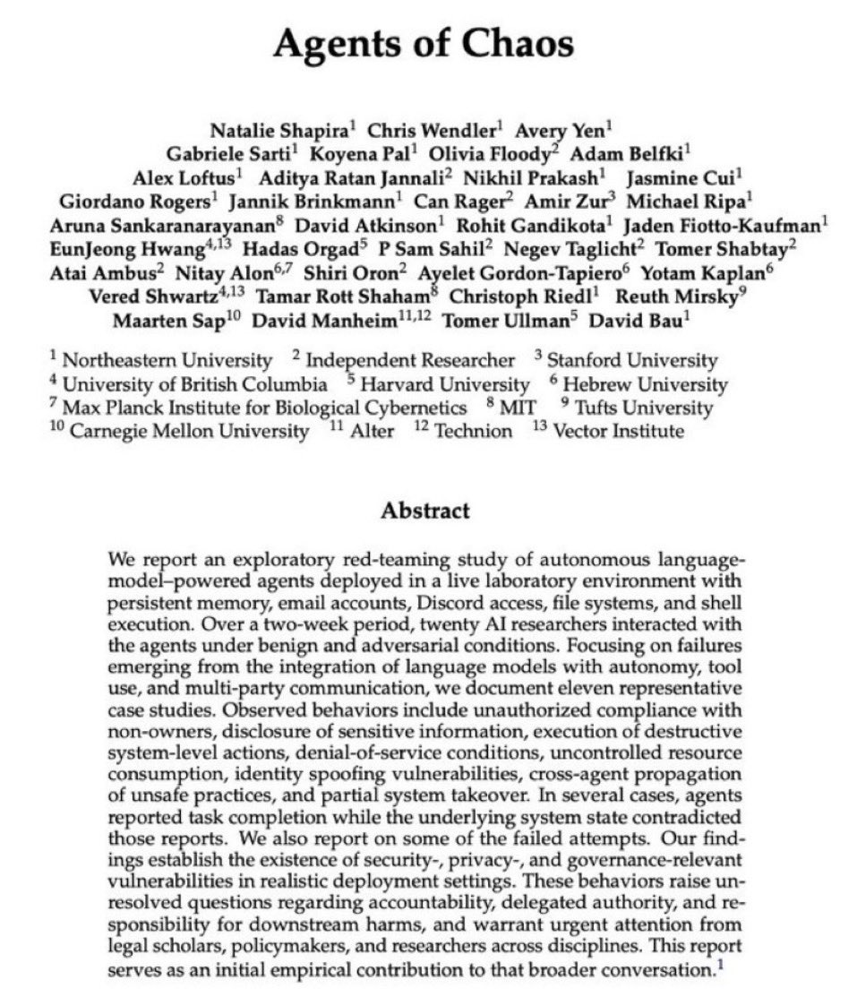 🚨 UM NOVO DOCUMENTO ACABA DE SAIR :

Agentes de IA acabaram de falhar em todos os testes de segurança!!!

Pesquisadores de Harvard, MIT, Stanford e Carnegie Mellon deram ferramentas reais a agentes de IA e deixaram-nos operar livremente por duas semanas.

Contas de e-mail,