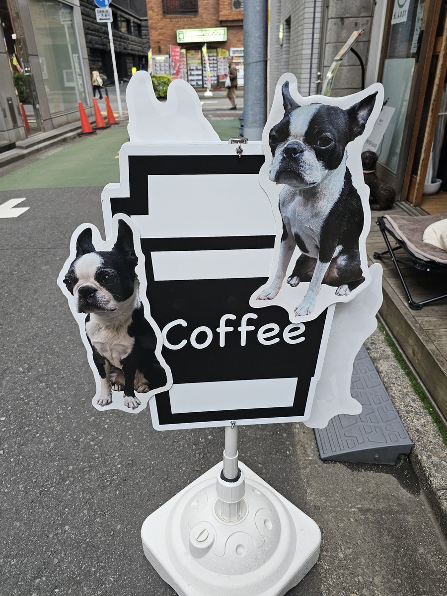showgunn's tweet photo. いい看板のコーヒー屋がある、と見ていたら同じ犬が挨拶に出てきてくれた。。 https://t.co/0lZO3jUjZc