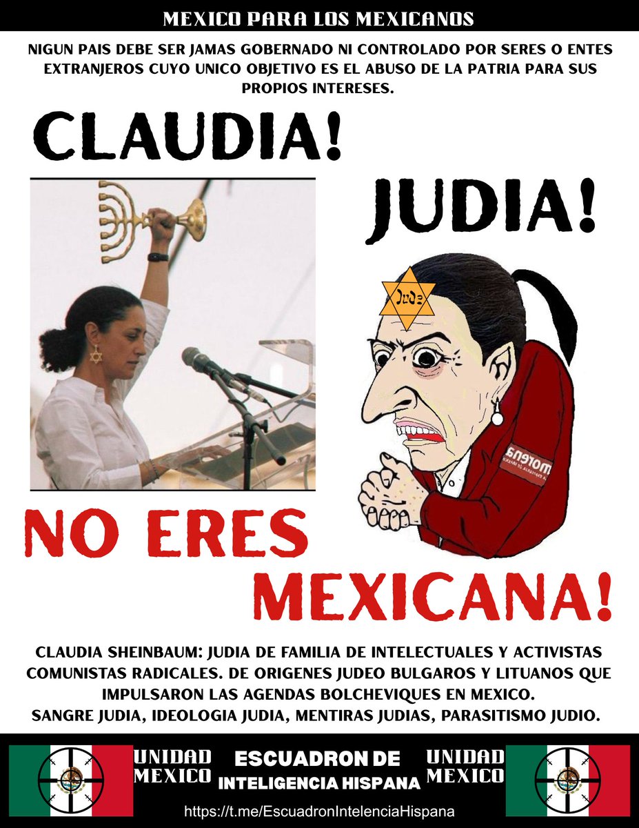 La judía <a href="/Claudiashein/">Claudia Sheinbaum Pardo</a> nos está llevando a una guerra entre nosotros, contra estados unidos o a luchar la guerra de su pueblo psicópata y maldito por dios ✡️.
