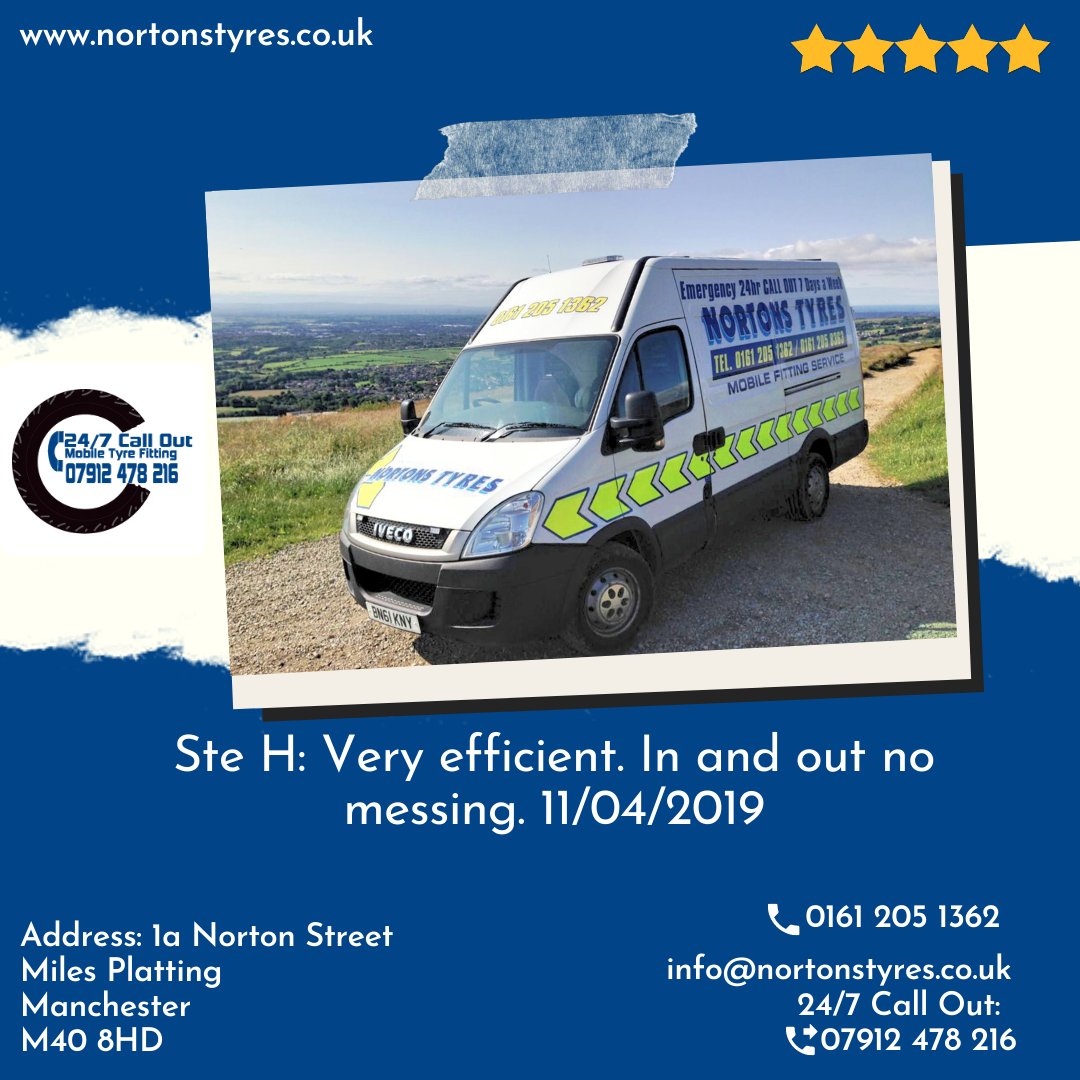 nortonstyres's tweet image. Ste H: Very efficient. In &amp;amp; out no messing. 11/04/2019 nortonstyres.co.uk info@nortonstyres.co.uk 24hr mobile tyre fitting call out 07912 478216 or day 0161 205 1362 #tyres #manchester #24/7 #mobilefitting #24hrs #24hours #tyrefitting