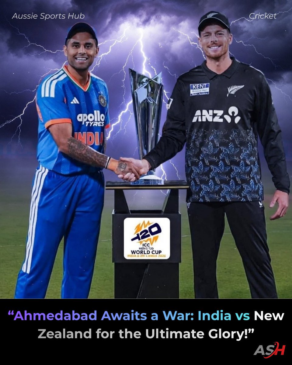 aussiesportshub's tweet photo. “Finals pressure hits different… India built for it. New Zealand just visiting Ahmedabad. 🇮🇳🏆”
“Knockouts + New Zealand = heartbreak for someone… but this time Ahmedabad belongs to India. 😈🔥”
#INDvsNZL #bluearmy #blackcaps #T20WC2026 #t20finals #ahmedabad #aussisportshub https://t.co/nkmdOoXf7q