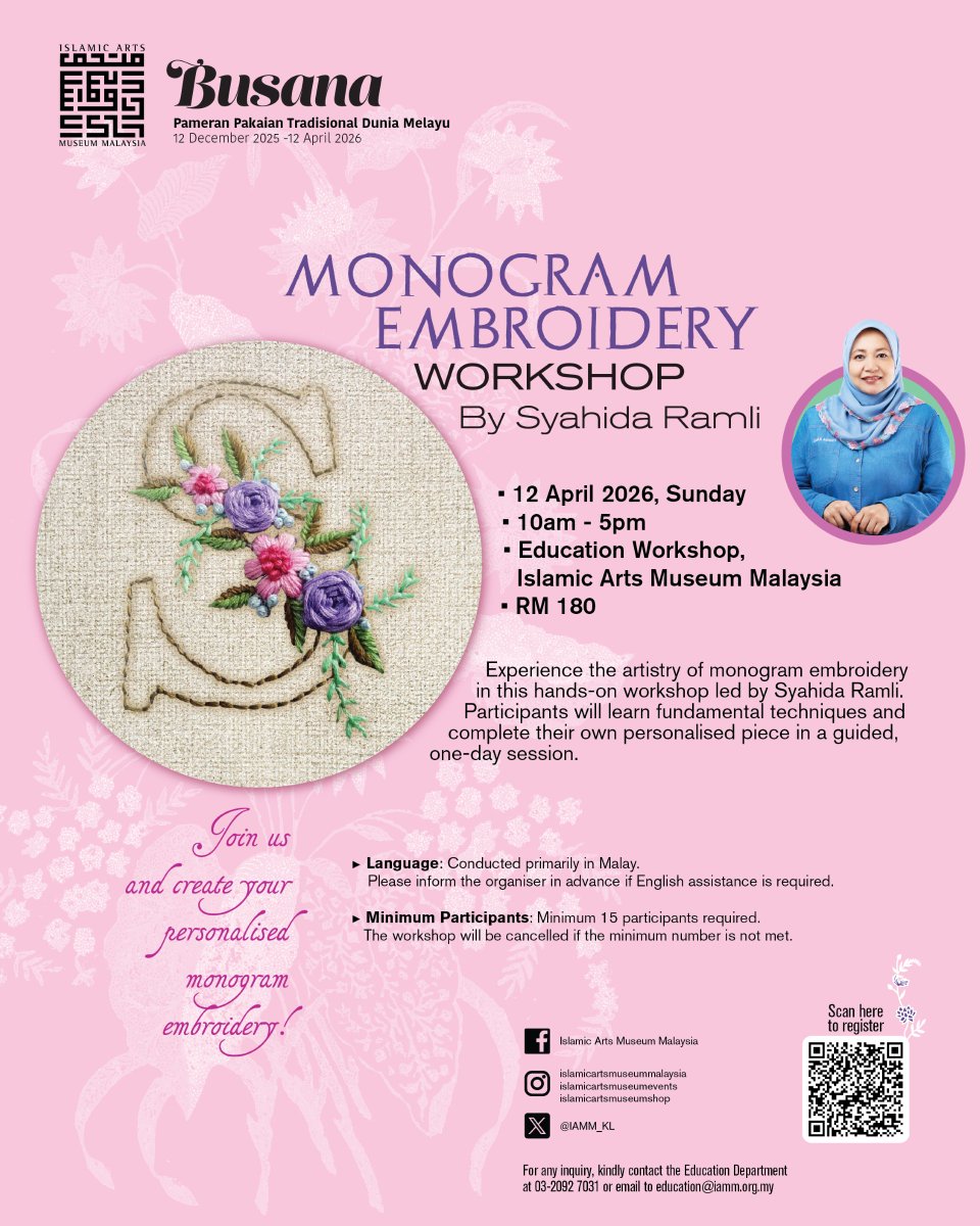 IAMM_KL's tweet photo. Ever wanted to stitch your own monogram? 🪡✨  

Join our Monogram Embroidery Workshop and learn the fundamental techniques while creating your very own personalised piece in a guided one-day session. https://t.co/cBMFbuJHCt
