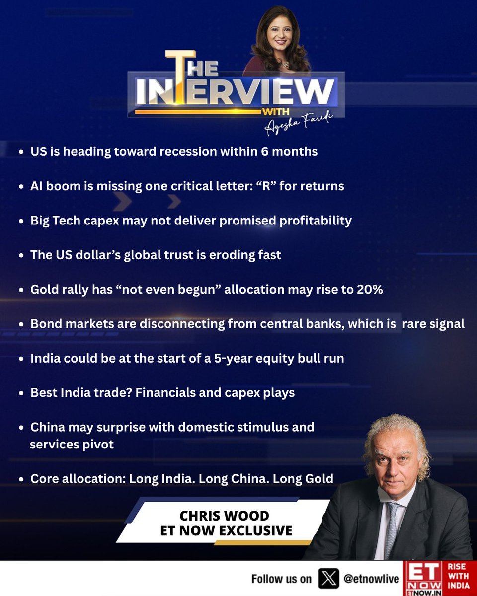 ETNOWlive's tweet image. The Interview With Ayesha Faridi

Recession risks in the US, fading dollar trust, and a possible multi-year bull run in India. Christopher Wood of Jefferies flags financials, capex, and gold as key trades

Full interview: youtu.be/RlXaWjOOn1A?si…

#USRecession #AIBoom #BigTech