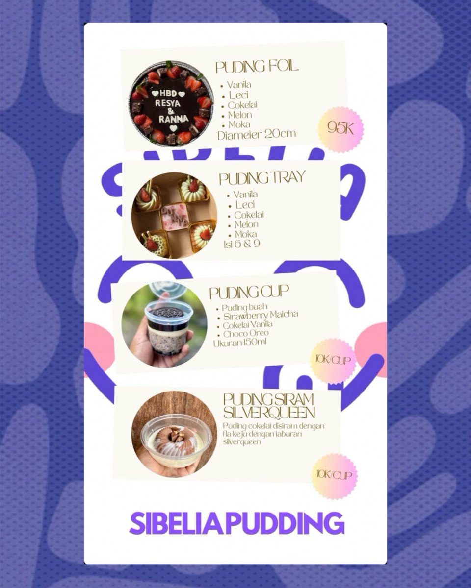 yoxnetwork's tweet photo. Buat yang di daerah Lumajang, mau takjil puding langsung aja order ke Sibelia Food!

Selain bisa buat takjil, bisa buat momen ulang tahun, hantaran lebaran atau sekedar dinikmati sendiri. Buat yang di luar kota tapi mau kasih surprise untuk someone di Lumajang, juga bisa.

#umkm https://t.co/QK71oW8TWz