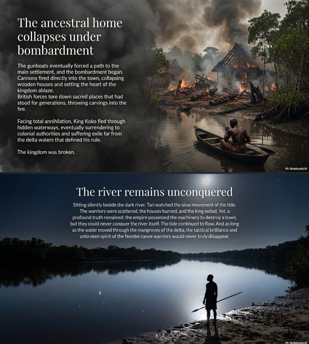 FictionXHistory's tweet photo. After the Raid, British forces returned to punish the Nembe Kingdom. Gunboats shelled the town as Tari &amp; the warriors launched a final charge. Nembe burned. King Koko was forced into exile. Drifting in a canoe, Tari watched the flames and wondered what would remain of his kingdom https://t.co/6YDqI4nxfk