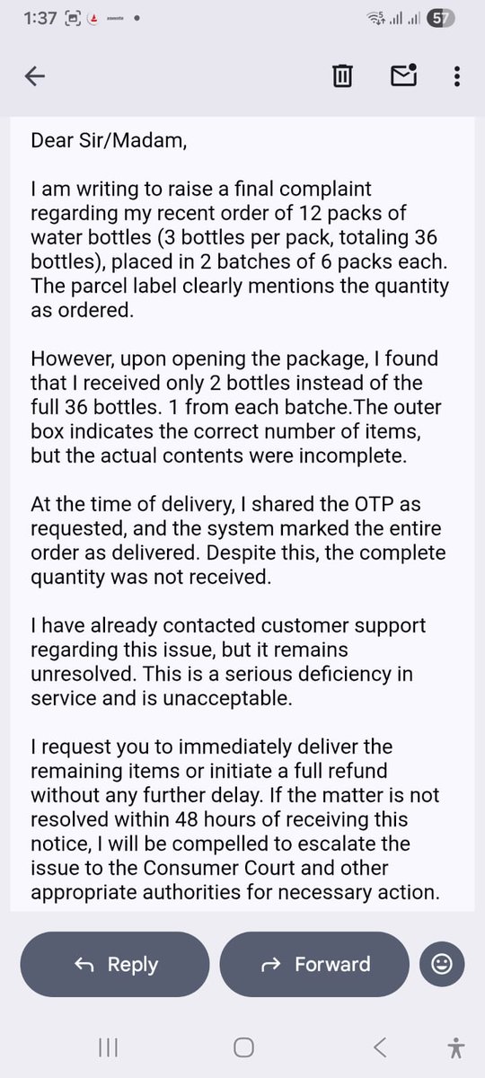 ordered 12 packs of water bottles (3 bottles per pack = 36 bottles) in 2 batches of 6 packs each. The parcel label also shows the correct quantity.However I received only 2 bottles 1 from each batch instead of 36.The box clearly cannot fit the full order.#Fraud #Flipkart