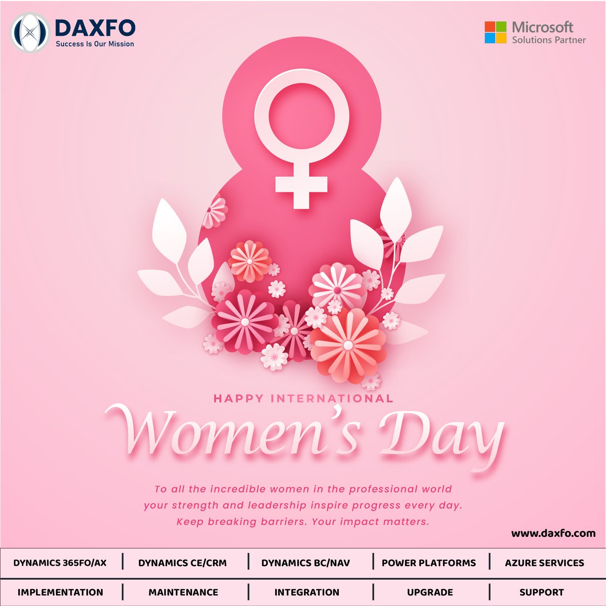 DaxfoTechnology's tweet photo. 🌟 Celebrating the women driving innovation in tech this #InternationalWomensDay.

Your creativity, leadership, and resilience continue to shape the future of IT. 💜

#WomenInTech #technology #d365fo #microsoft #powerplatform #azureservices https://t.co/ZI2PkemOZK
