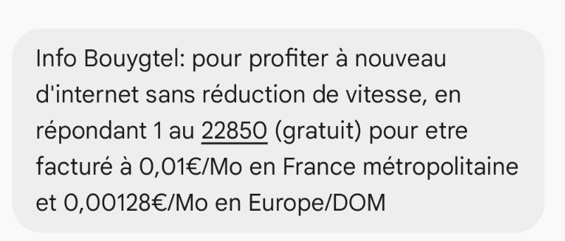 Petite blague chez <a href="/bouyguestelecom/">Bouygues Telecom</a> hier après midi.
Un quart d'heure de débit réduit puis retour à la normale avec remise à zéro de mon compteur data 😅