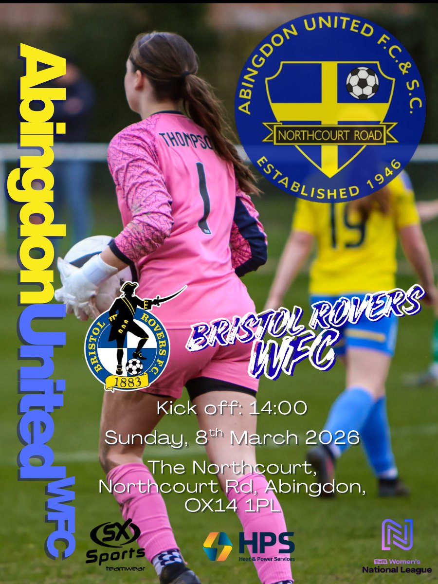 MATCH INFORMATION: AUWFC v <a href="/Official_BRWFC/">Bristol Rovers Women</a> 
Abingdon United WFC host Bristol Rovers in the <a href="/FAWNL/">FA Women's National League</a> on Sunday

🕣14:00 KO
🏟️The Northcourt, Northcourt Rd, Abingdon, OX14 1PL
💷£5 per Adult, £2 Concessions, U16s free
☕️Refreshments on site

Please keep up with our X account
📷📷