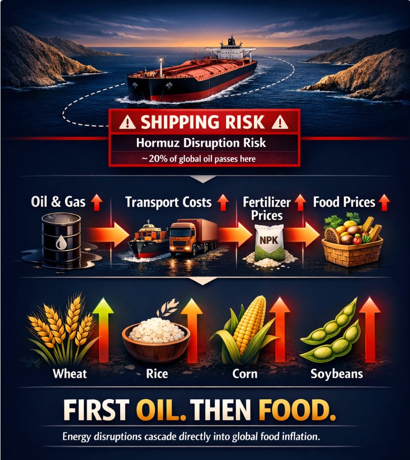 If the Strait of Hormuz closes, the first domino is obvious: oil and gas.

But the real story is what falls next.

Energy prices spike → transportation costs surge → fertilizer gets expensive → farmers pay more to grow crops → food prices follow.

That’s how a “shipping