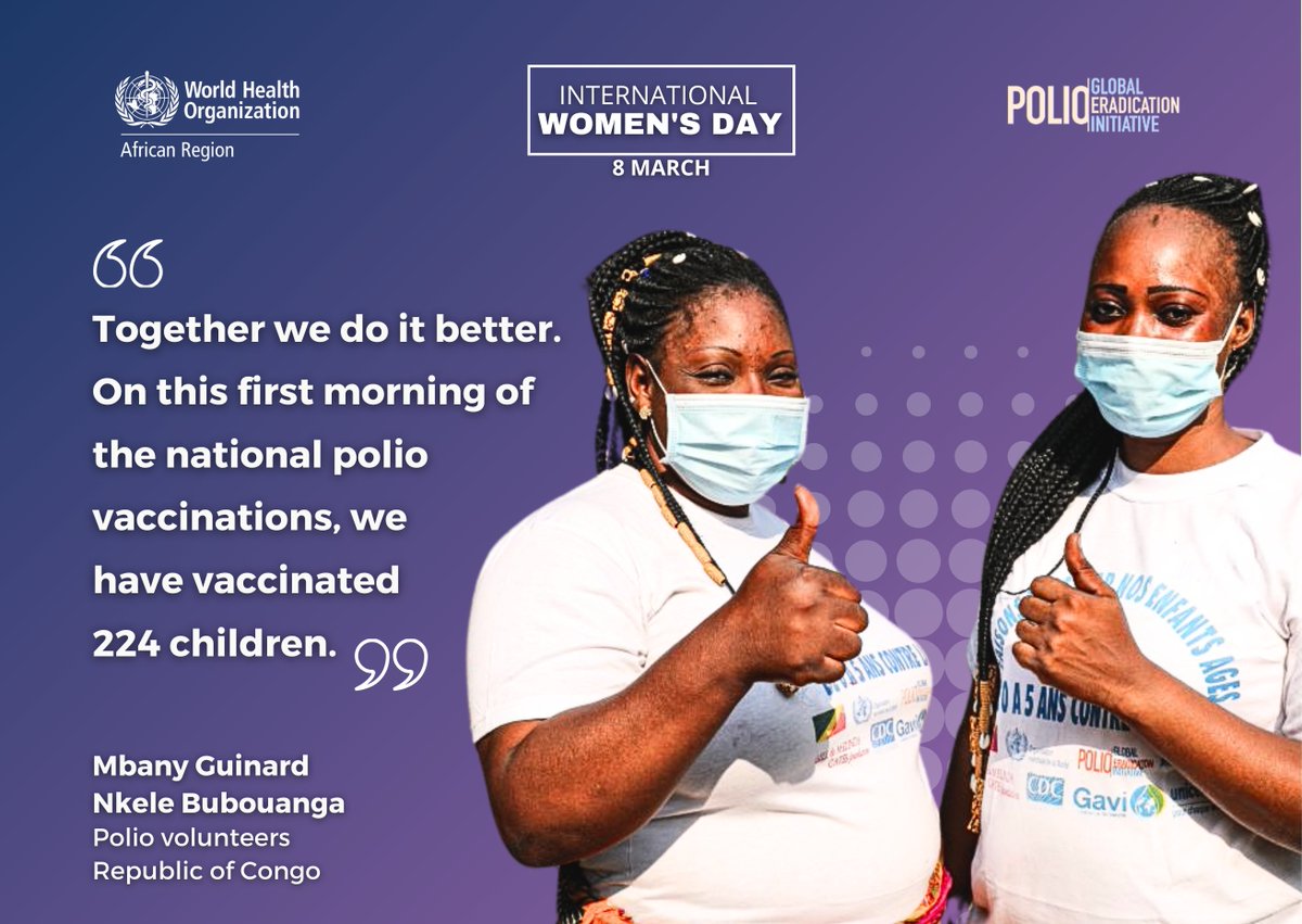 WHOAFRO's tweet image. Women are at the heart of the fight to #EndPolio 💜 

Ahead of @womensday, we celebrate dedicated volunteers like Mbany Guiniard &amp;amp; Nkele Bubouanga in the Republic of Congo 🇨🇬, who helped vaccinate 224 children against #polio in the latest vaccination round. 

Together is better.