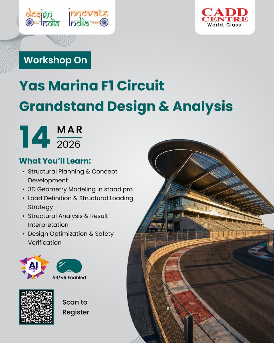 caddcentre's tweet image. Can a grandstand survive the roar of thousands of F1 fans?

Discover the engineering behind it in our Yas Marina F1 Circuit Grandstand Design &amp;amp; Analysis Workshop.

📅 Mar 14
📌 Scan the QR to register.
#F1Engineering #StructuralEngineering #CADDCentre
