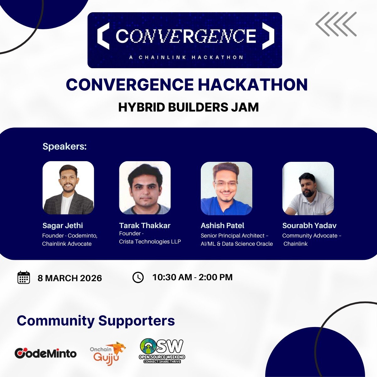 We’re hosting the <a href="/chainlink/">Chainlink</a> Convergence Hackathon – Hybrid Builders Jam tomorrow.

<a href="/Chainlink_IN/">Chainlink India</a>

If you’re in Ahmedabad, you can join in person (limited seats).
If you’re not in Ahmedabad, you can join online as well.

Tomorrow is also the last day of the Recordthon, so if