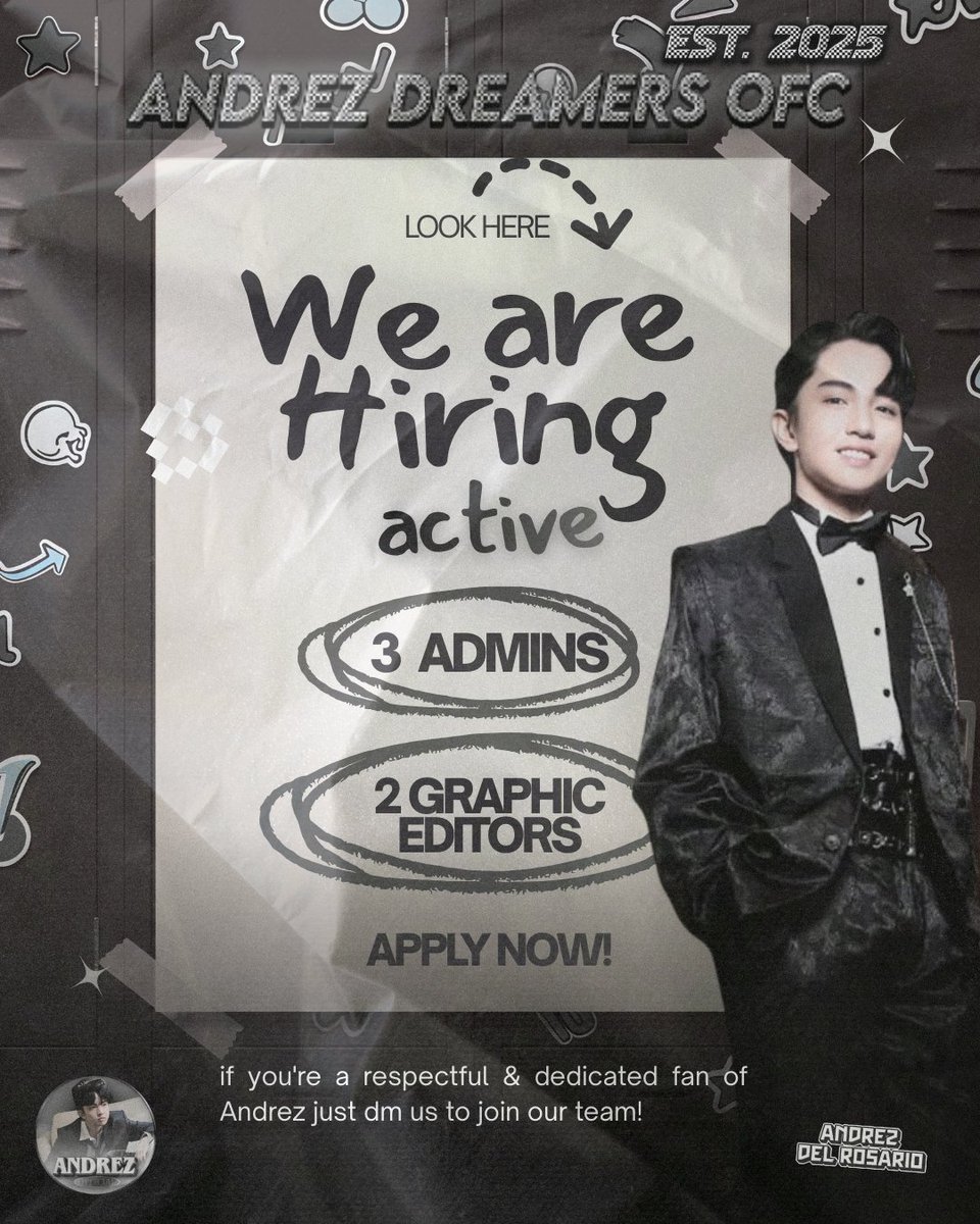 andreamerz_ofc's tweet photo. 𝘎𝘳𝘦𝘦𝘵𝘪𝘯𝘨𝘴, 𝘋𝘳𝘦𝘢𝘮𝘦𝘳𝘴.
 
Team Andrez is officially looking for fans to join our GDM &amp; We are looking for new admins to join our growing family. 

If you’re creative, passionate, responsible, and love supporting Andrez, we’d love to have you in our team. ✨ https://t.co/xqcft15EiX