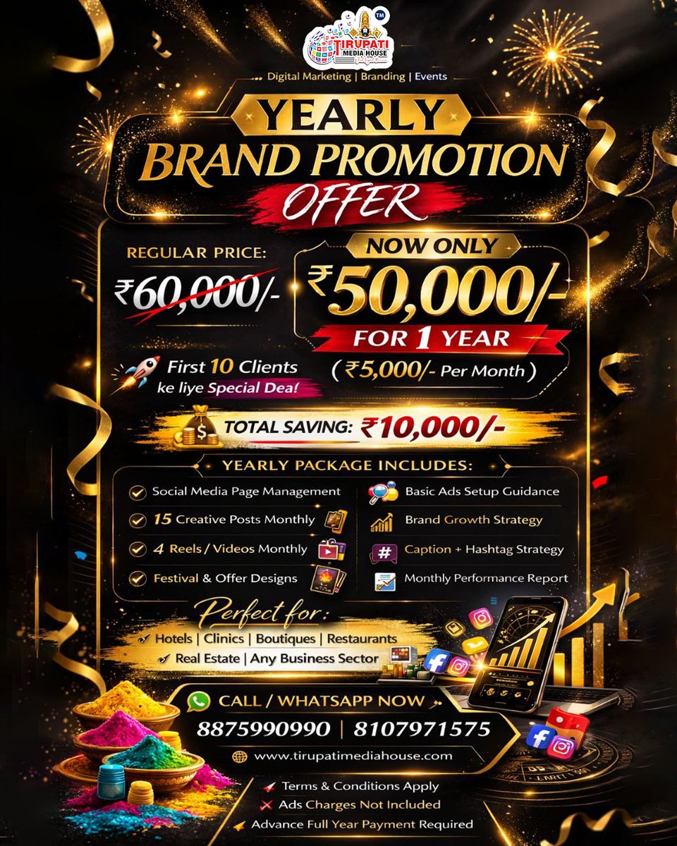 TMHJAIPUR's tweet image. 🚀✨ YEARLY BRAND PROMOTION MEGA OFFER ✨🚀

✅ Caption + Hashtag Strategy
📈 12 Mahine Continuous Branding
📊 Strong Online Presence
🚀 Consistent Business Growth

📲 8875990990 | 8107971575
#YearlyOffer #BrandPromotion #DigitalMarketing #BusinessGrowth #TirupatiMediaHouse