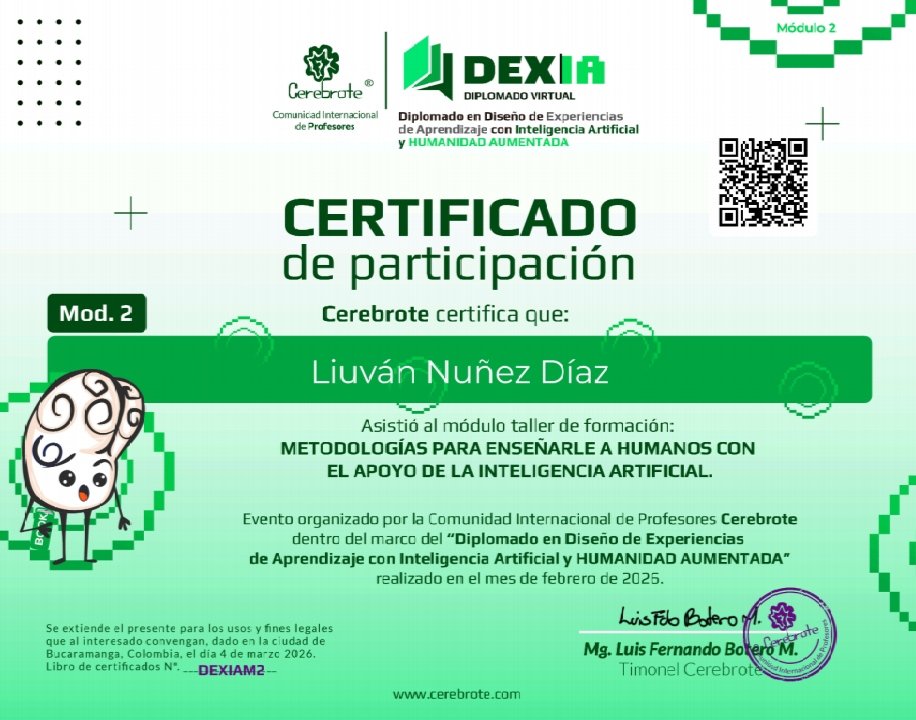 🧠📚 Acabo de completar los Módulos 1 y 2 del Diplomado en Diseño de Experiencias de Aprendizaje con #IA y HUMANIDAD AUMENTADA, de <a href="/Cerebrote2/">Cerebrote</a>.

📖 🤖 Gracias por esta visión tan humana de la innovación educativa.

#Educación #HumanidadAumentada #DocentesInnovadores #Aprendizaje