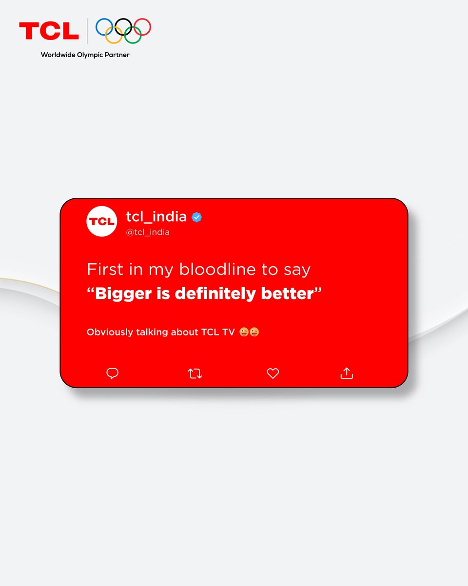 tcl_india's tweet photo. When it comes to entertainment, the bigger the screen, the better the experience. ๐บ
#TCLIndia #BiggerIsBetter #BigScreenExperience. #UpgradeYourScreen #HomeEntertainment #NextGenTV
(First in my bloodline, Premium home entertainment, 4K TV viewing) https://t.co/fyobM4p7xV