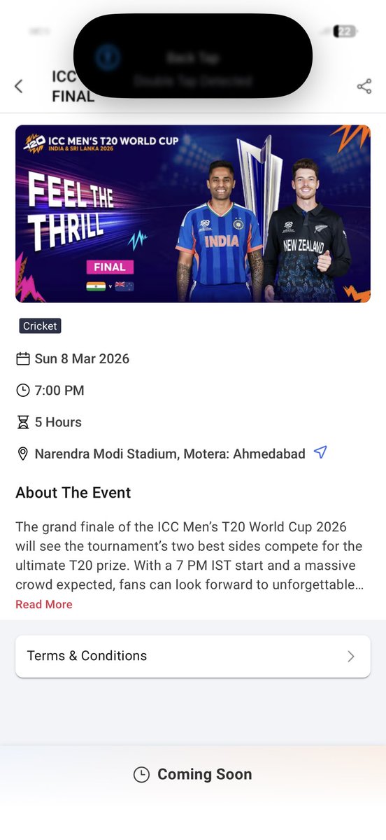 tushar_khilani's tweet photo. Almost 24 hours left to the ICC Men’s T20 World Cup 2026 Final at Narendra Modi Stadium and ticket booking still shows “Coming Soon.”
Fans are ready, the stage is set for India 🇮🇳 vs NZ 🇳🇿, but when will the bookings open? @bookmyshow @Bookmyshow_live  #T20WorldCup #INDvNZ https://t.co/msi6ACpN9B