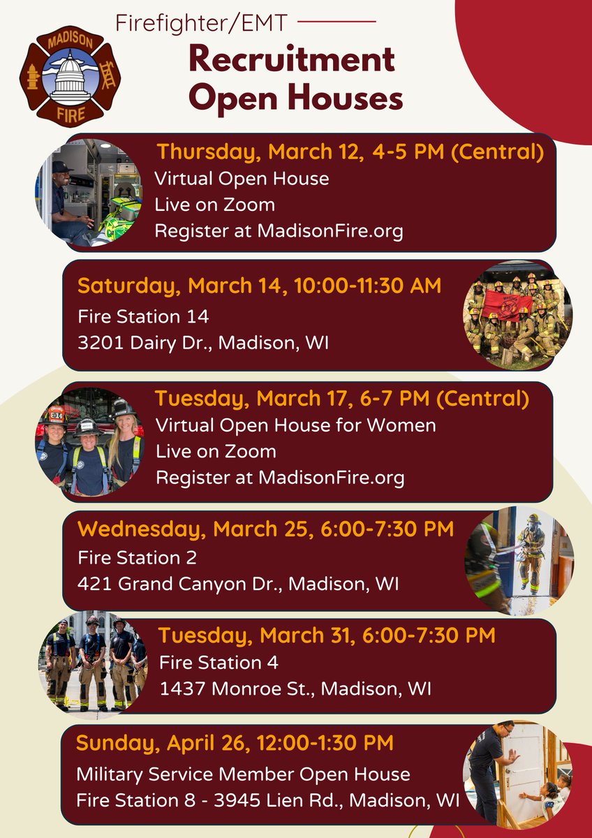 MadisonWIFire's tweet photo. Want to learn more about a career with us? We're hosting several open houses for those interested in serving as a Firefighter/EMT. We offer in-person and virtual options.

YOU can be a Madison Firefighter/EMT!

Subscribe to receive recruitment updates: https://t.co/C2aVZp6HAO https://t.co/4ZJB8X8ItE