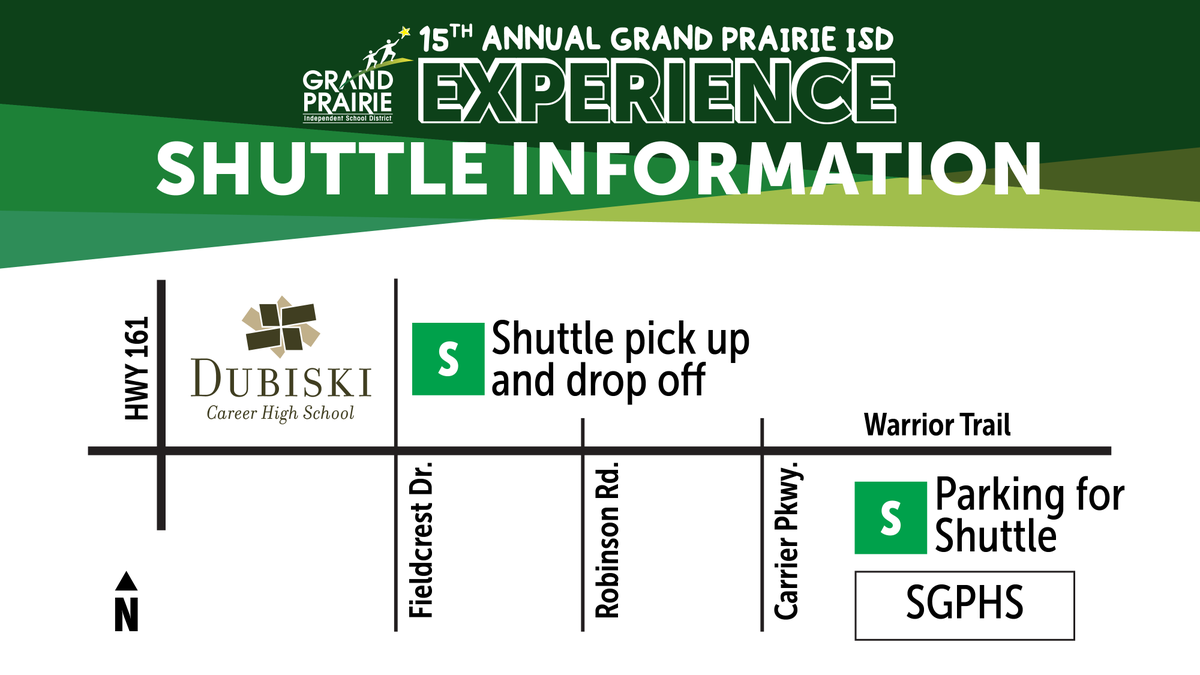 grandprairieisd's tweet photo. Remember, families, GPISD is offering a FREE park-n-ride shuttle from SGPHS (301 W. Warrior Trail, Grand Prairie, TX 75052) to the GPISD Experience at Dubiski, Sat., 9 to noon. The shuttle will run continuously throughout the event, making it easier than ever to come and go. https://t.co/RAUn8RC351