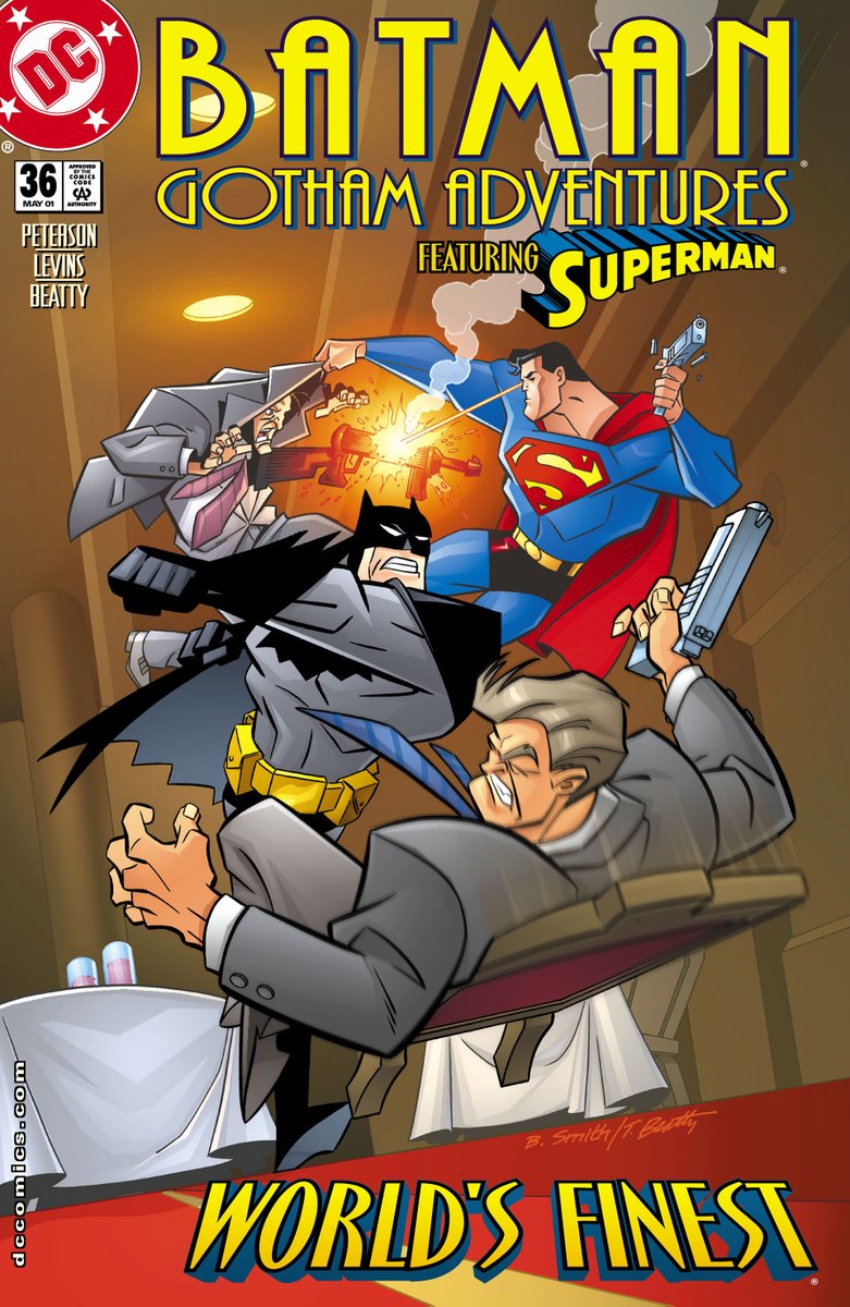 worldsfinest's tweet photo. "Batman: Gotham Adventures" #36 first hit shelves on this day (Mar. 7) back in 2001 from DC Comics! Written by Scott Peterson, with pencils by Tim Levins, this fun team-up tale sees Superman coming to Gotham City to get Batman's help in tracking down a mobster! #BatmanTAS #Batman https://t.co/lLLWa5RUiM