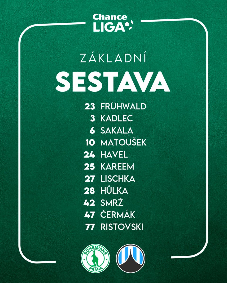 bohemians1905's tweet photo. Sestava Klokanů pro dnešní utkání 🦘
Náhradníci 👉 Reichl, Šiman – Hrubý, Yusuf, Vala, Kovařík, Drchal, Kukučka, Mikuda, Sosseh 🪑 https://t.co/Dgdxh0DJBK