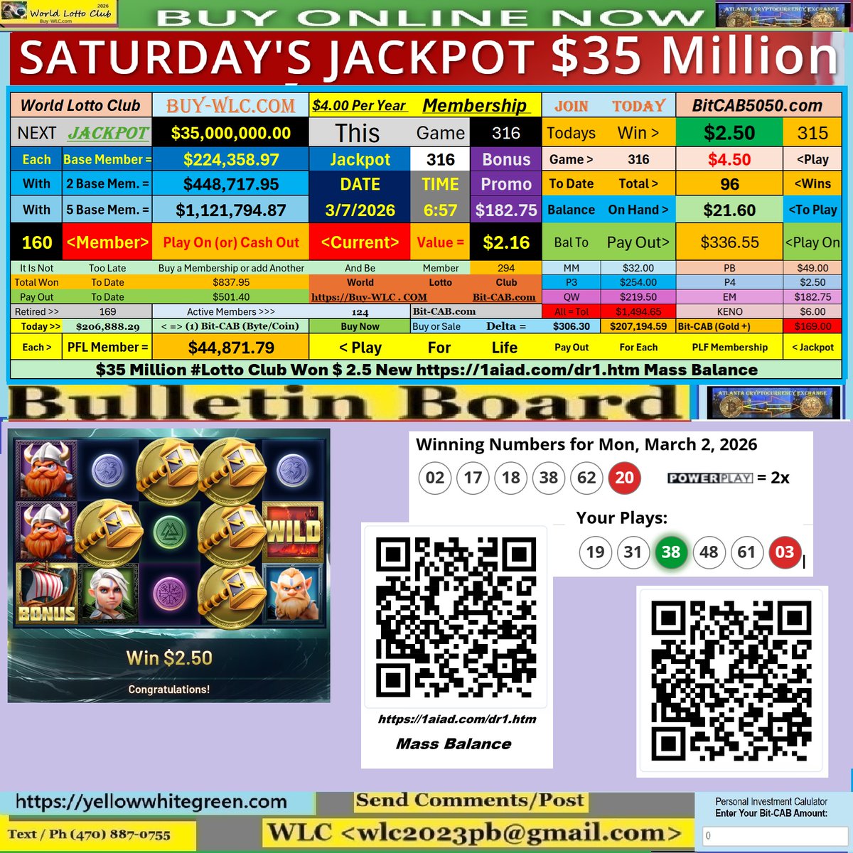 $35 Million #Lotto Club Won $ 2.5 New 1aiad.com/dr1.htm Mass Balance