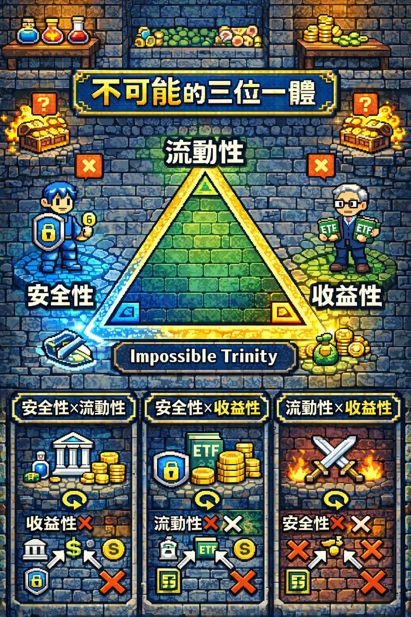 ChillChill244's tweet photo. 「 投資的三角困境 」

很多人投資時，其實都在找同一種工具：

安全、報酬高，還能隨時把錢拿回來。

聽起來很理想，但很可惜，在正常的金融市場裡，這三件事幾乎不可能同時成立。

因為投資本身存在一個很經典的三角關係：

安全性 × 流動性 × 收益性

任何投資工具，通常只能同時滿足其中兩個特性，而必須犧牲第三個。

這個概念其實和經濟學中的 「不可能的三位一體」（Impossible Trinity） 很類似。

原本是用來說明一個國家的金融政策，無法同時滿足以下三個條件：
• 資本自由流動
• 固定匯率
• 獨立的貨幣政策

最多只能同時達成其中兩項。

而在投資與財務規劃上，我們也常用同樣的邏輯理解：
安全性、流動性、收益性。

如果你想要 高安全性 + 高流動性，
那麼收益性通常就會比較低。

例如：

• 銀行活期存款
• 貨幣型基金
• 短期定存

這類資產的特點是資金相對安全，也可以隨時動用，但報酬率通常不高。

因此比較適合作為 緊急預備金或短期資金停泊 的工具。

如果你想要 高安全性 + 高收益性，
那麼流動性通常就會比較低。

例如：

• 長期存股策略
• ETF 定期定額投資
• 儲蓄型保單
• 長天期債券

這類投資通常需要 較長的時間來累積效果。

如果中途需要資金，可能會遇到價格波動、提前解約成本或機會成本。

因此比較適合用在：

退休規劃
教育基金
長期資產累積
如果你想要 高流動性 + 高收益性，
那麼安全性通常就會比較低。

例如：
• 股票當沖
• 期貨交易
• 槓桿交易
• 短線投機交易

這類投資確實有機會在短時間內創造較高報酬，但同時也伴隨著更大的波動與風險。

金融市場有一個很基本的邏輯：
報酬越高，通常代表需要承擔更高的風險。

因此在做投資規劃時，真正重要的其實不是追求「三個都要」，而是找到適合自己的配置方式。

不同用途的資金，本來就應該放在不同的位置：

緊急預備金 → 重視 安全性 + 流動性
中長期目標 → 重視 安全性 + 收益性
可承受風險資金 → 才適合追求 流動性 + 收益性

透過合理的 資產配置，才能讓整體財務結構更穩定，而不是把所有資金放在同一種投資工具上。

同時也提醒一件事：

如果有人告訴你某個投資可以同時做到
高安全、高報酬、還能隨時提領資金，
那通常需要提高警覺。

因為在正常的金融市場中，幾乎不存在完全符合這三項條件的投資工具。

理財的本質，其實不是追求最快致富，而是透過 長期規劃與風險管理，讓資產穩定成長。

最後想問大家一個問題：

如果只能選兩個，你現在投資最看重的是哪兩個？

A. 安全性
B. 流動性
C. 收益性

歡迎留言分享你的想法👇
如果有財務規劃需求，也歡迎找我聊聊。

#投資理財 #資產配置 #財務規劃 #理財觀念 #被動收入